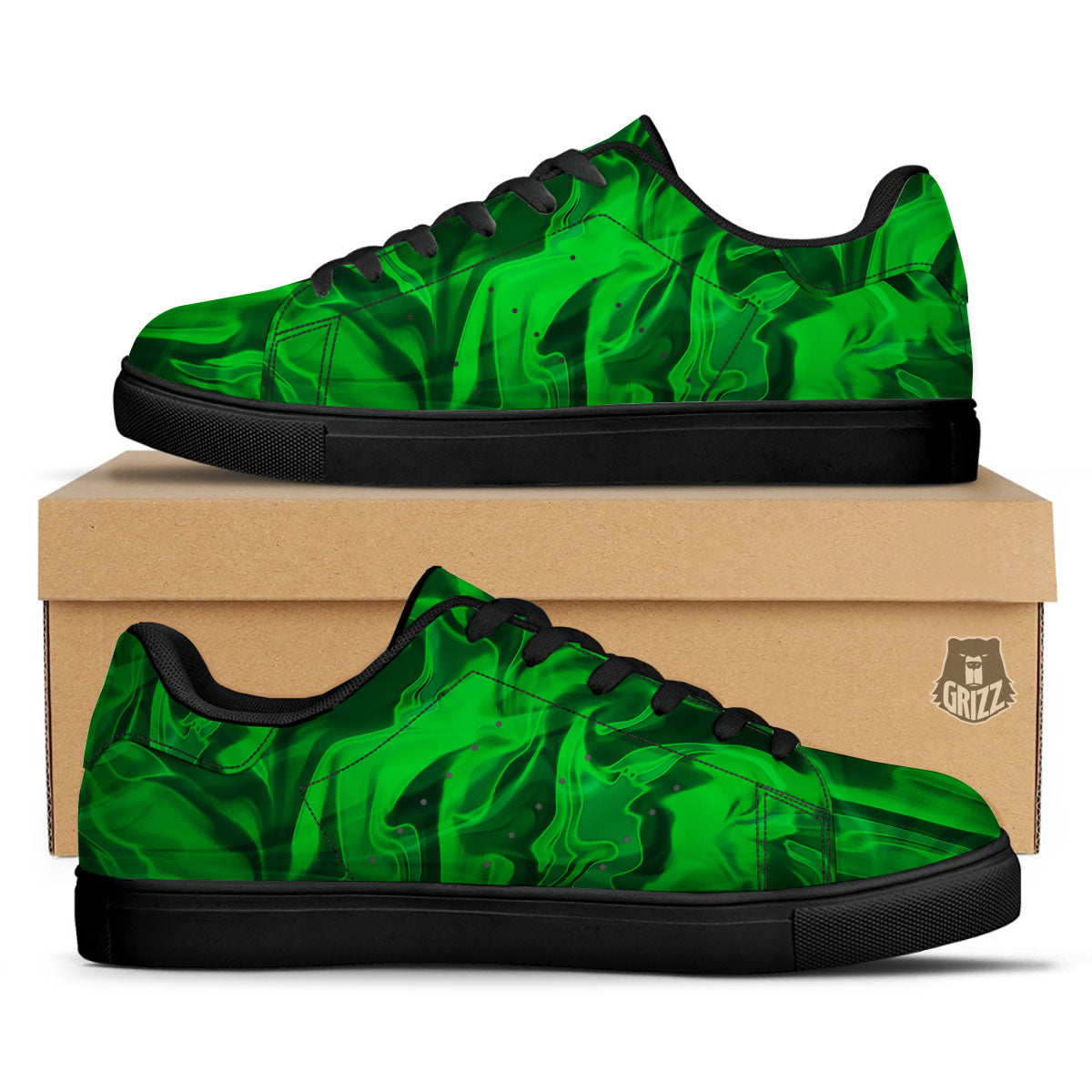 Green Energy Plasma Print Black Low Top Sneakers-grizzshop