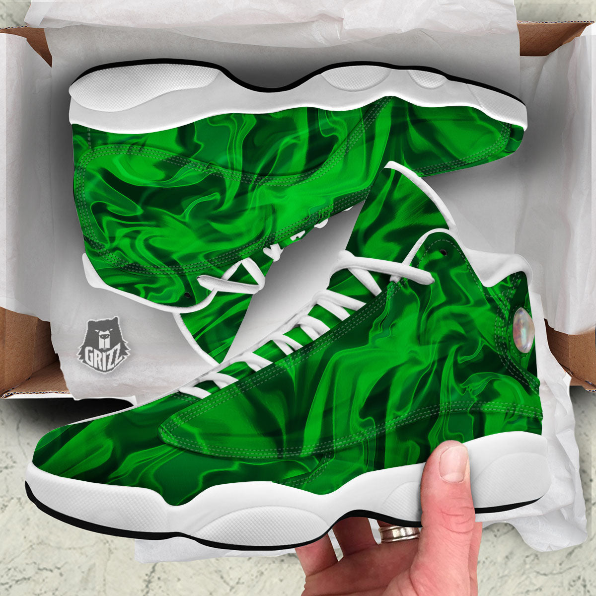 Green Energy Plasma Print White Basketball Shoes-grizzshop