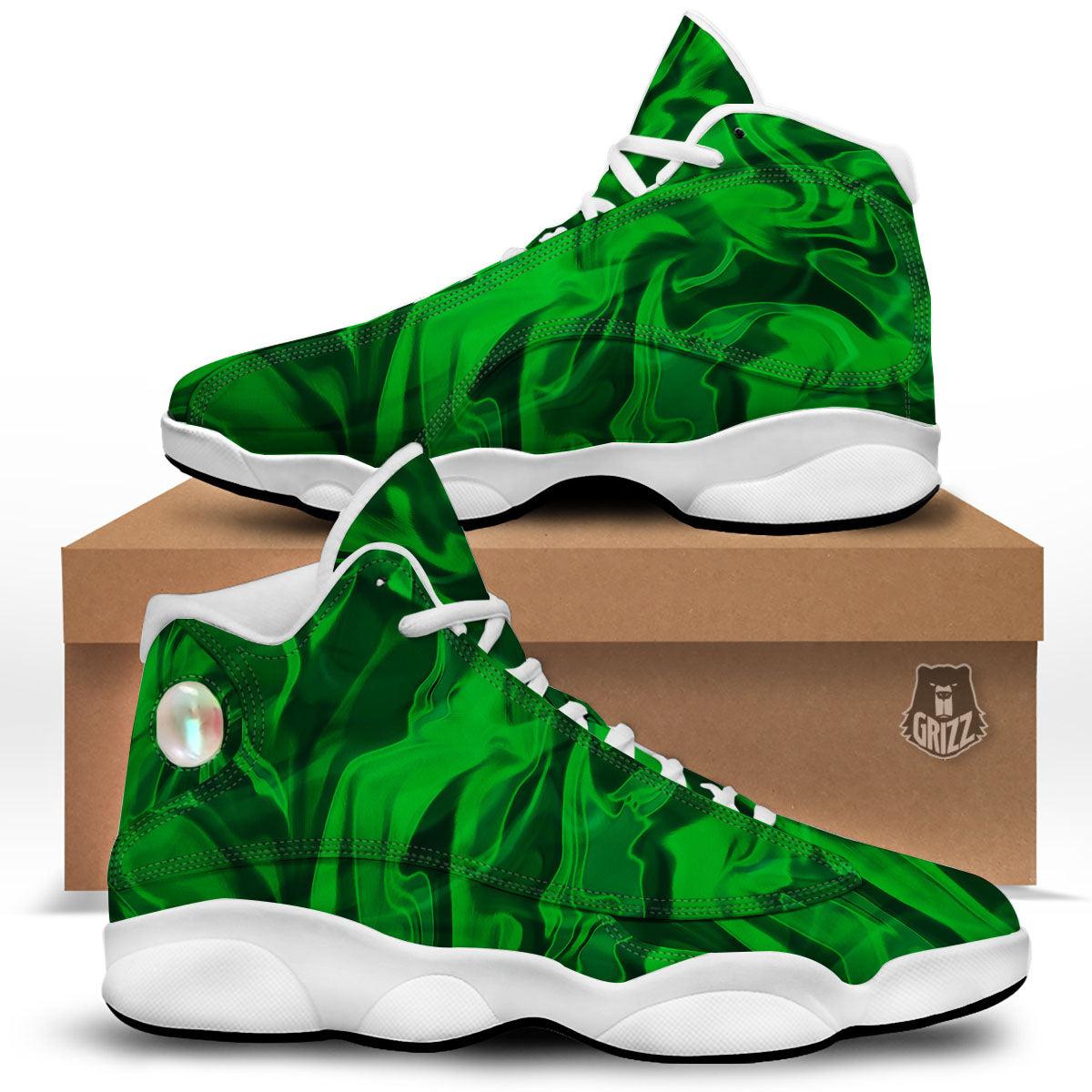 Green Energy Plasma Print White Basketball Shoes-grizzshop