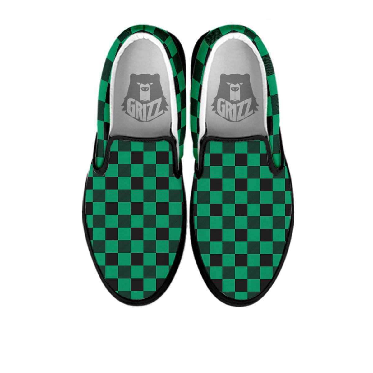 Green Forest And White Checkered Print Black Slip On Shoes-grizzshop