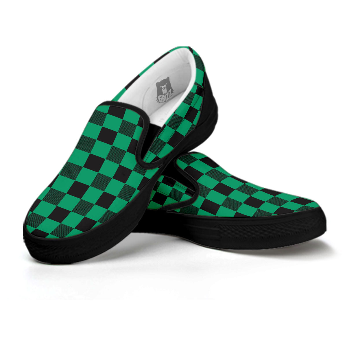 Green Forest And White Checkered Print Black Slip On Shoes-grizzshop