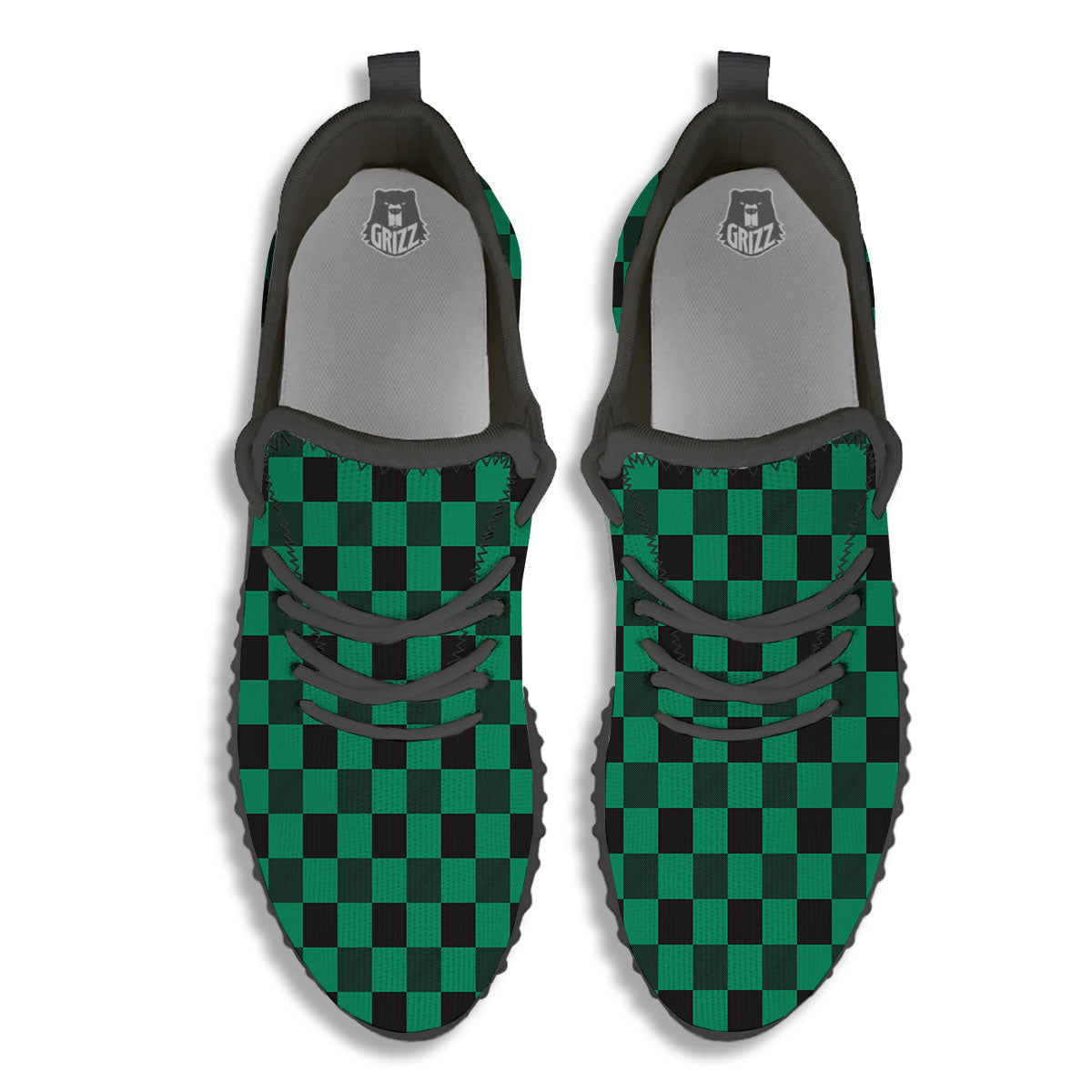 Green Forest And White Checkered Print Black Walking Shoes-grizzshop
