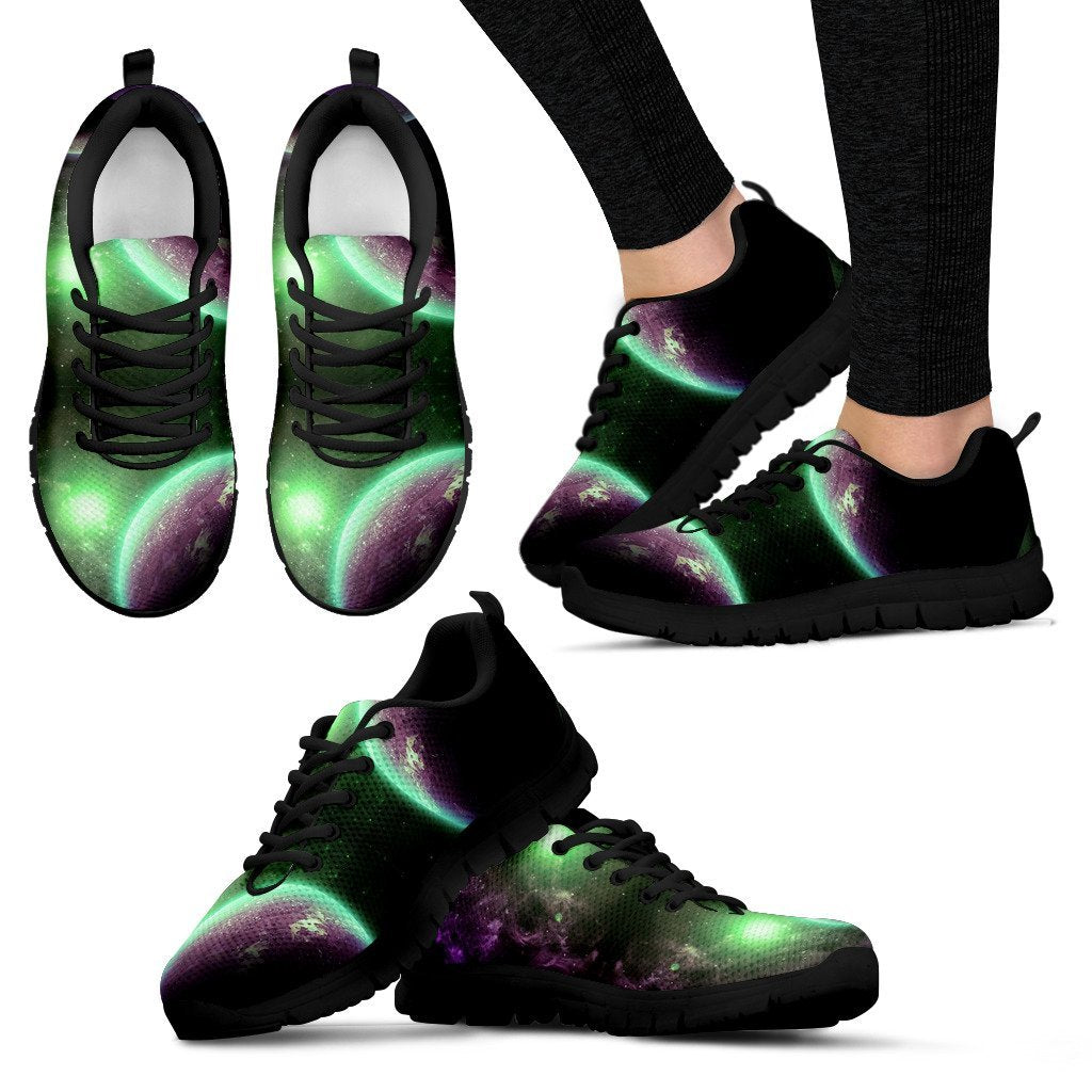 Green Galaxy Space Moon Earth Print Black Sneaker Shoes For Men Women-grizzshop