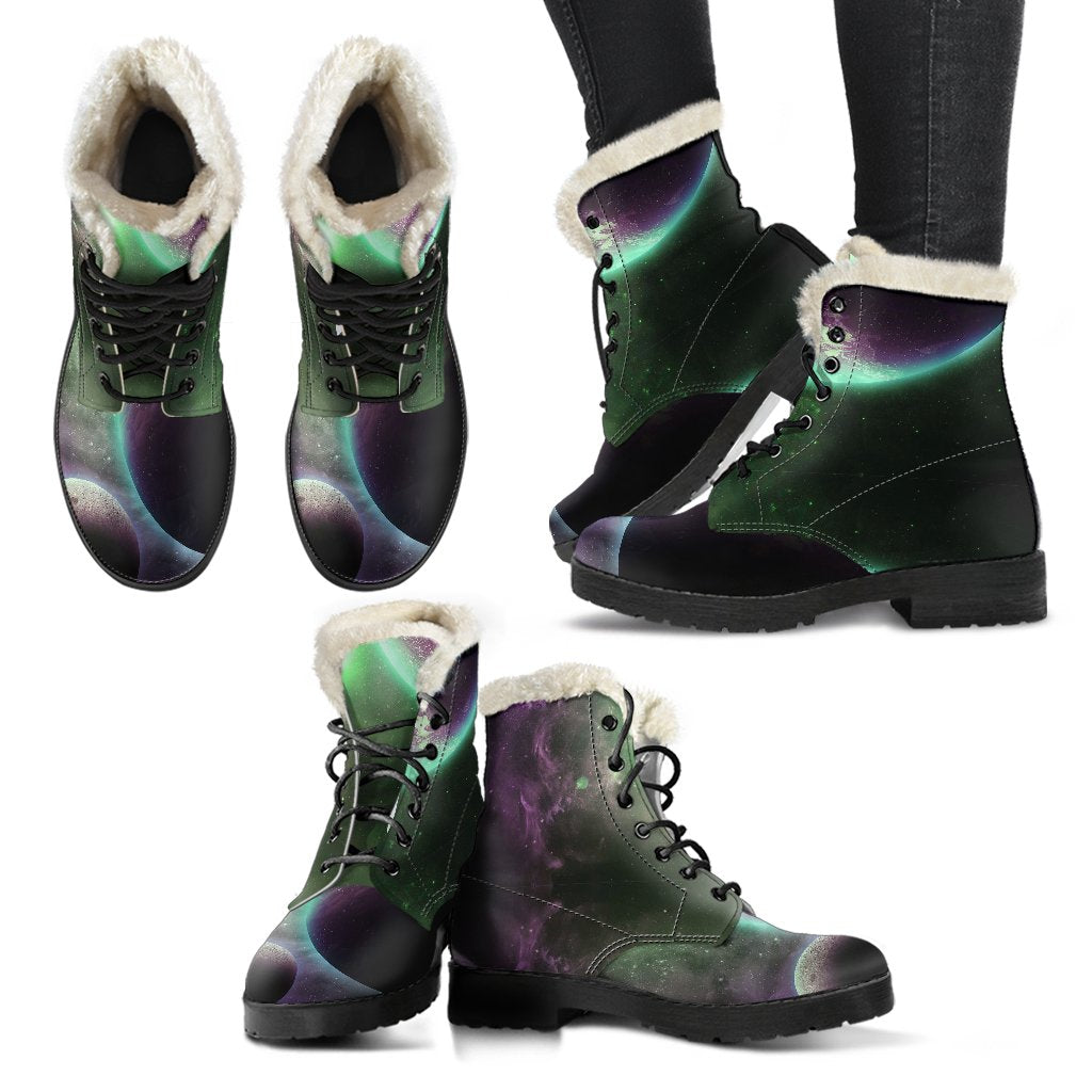 Green Galaxy Space Moon Earth Print Comfy Winter Boots-grizzshop