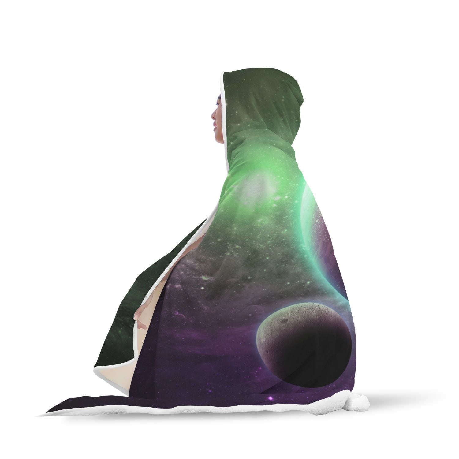 Green Galaxy Space Moon Earth Print Hooded Blanket-grizzshop