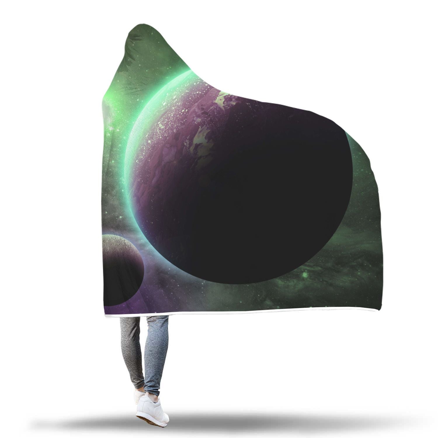 Green Galaxy Space Moon Earth Print Hooded Blanket-grizzshop