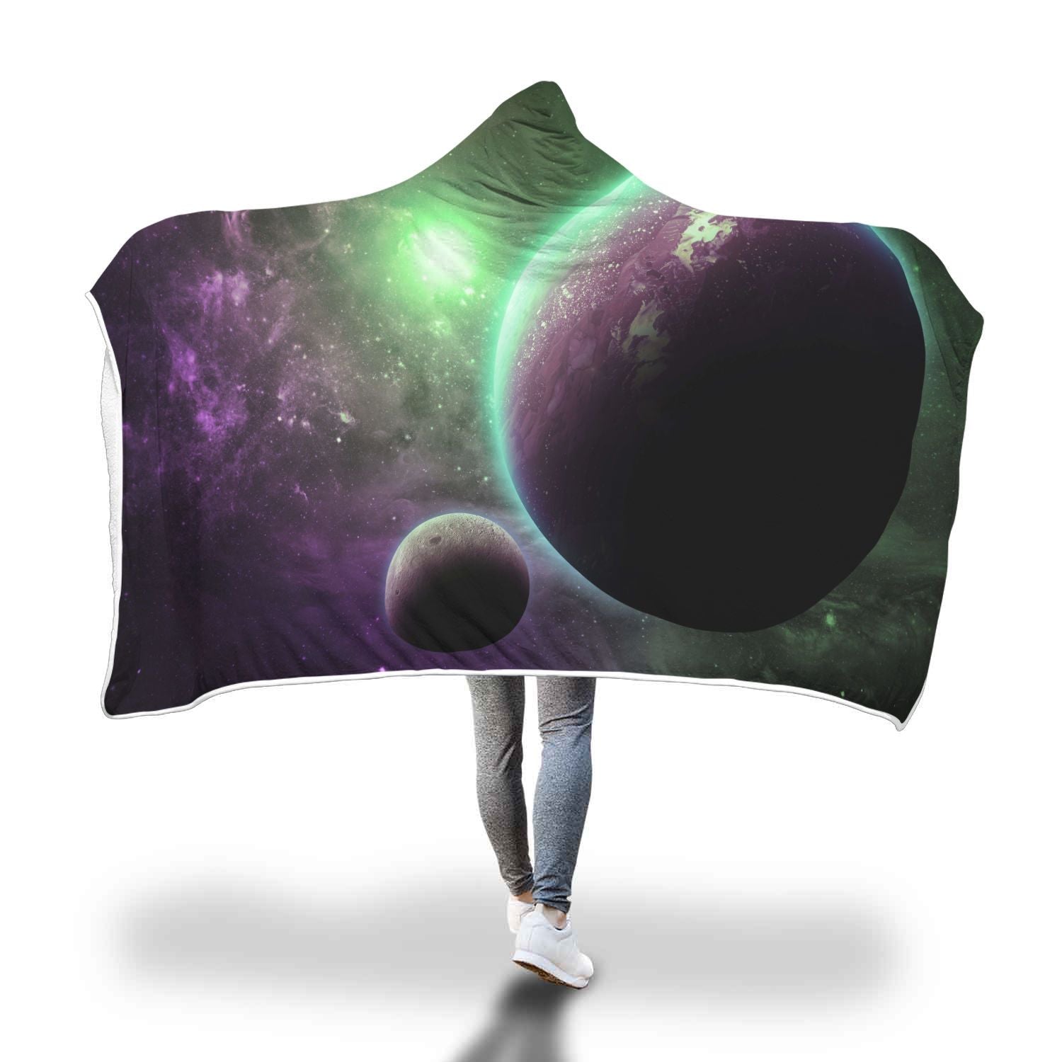 Green Galaxy Space Moon Earth Print Hooded Blanket-grizzshop