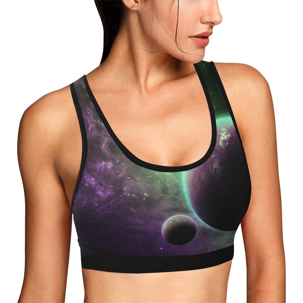 Green Galaxy Space Moon Earth Print Women Sports Bra-grizzshop