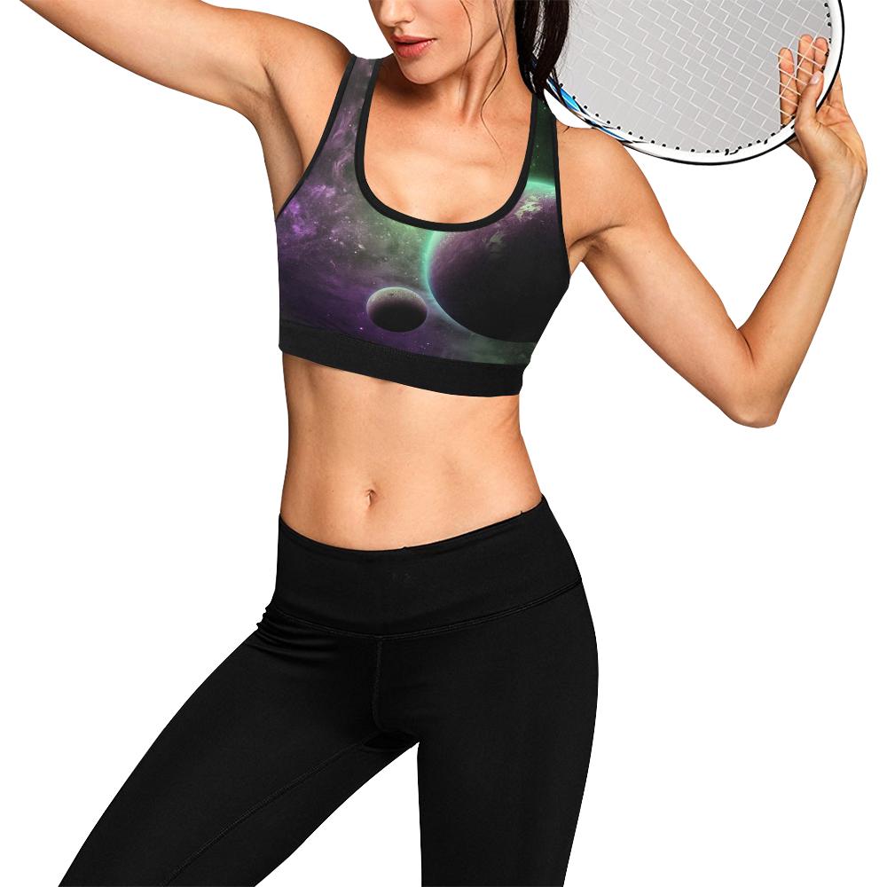 Green Galaxy Space Moon Earth Print Women Sports Bra-grizzshop