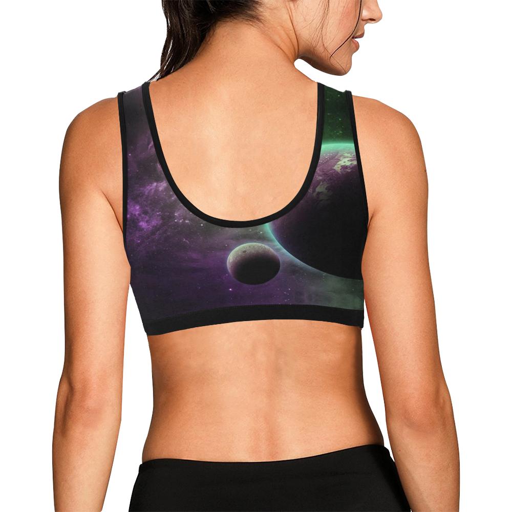 Green Galaxy Space Moon Earth Print Women Sports Bra-grizzshop