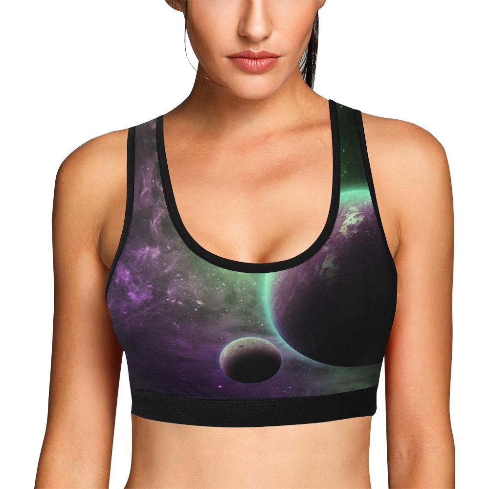 Green Galaxy Space Moon Earth Print Women Sports Bra-grizzshop