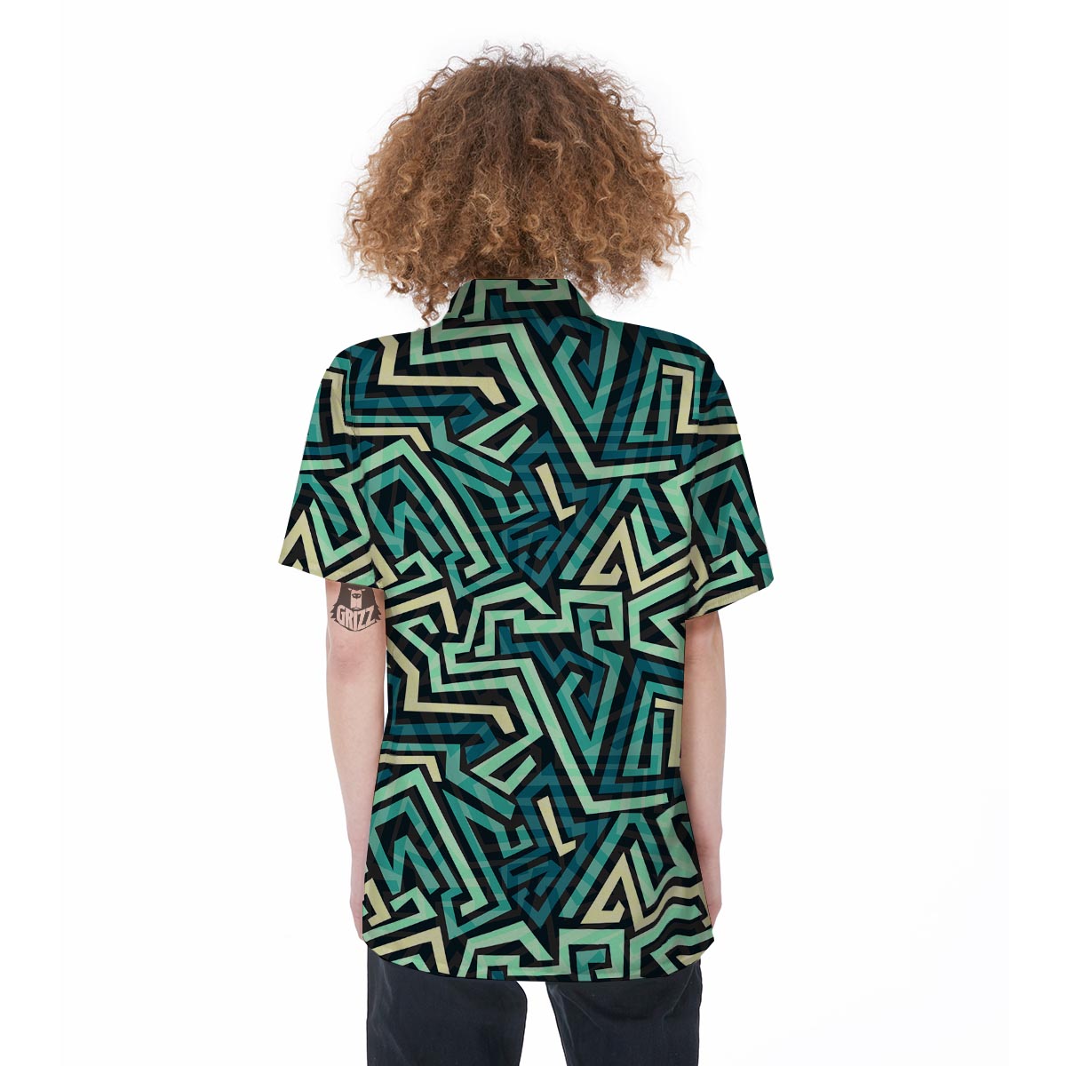 Green Geometric Abstract Women's Short Sleeve Shirts-grizzshop