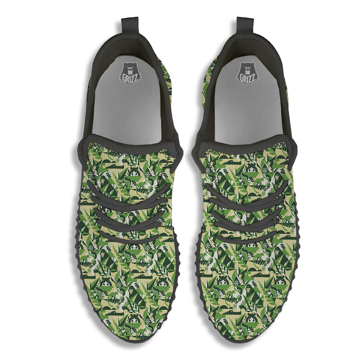 Green Geometric African Jungle Print Pattern Black Walking Shoes-grizzshop