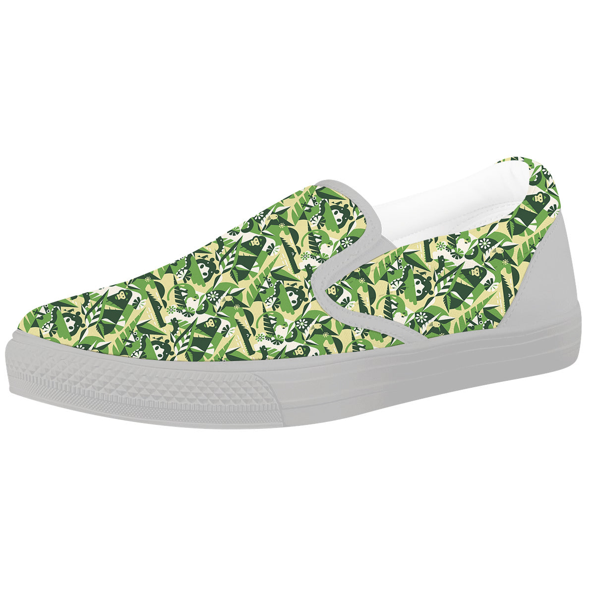 Green Geometric African Jungle Print Pattern White Slip On Shoes-grizzshop