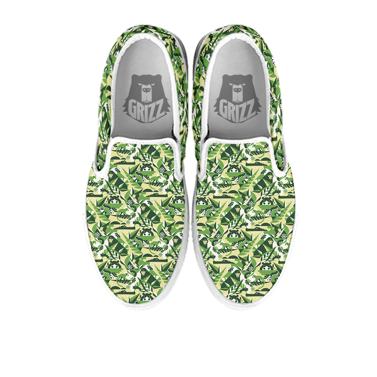 Green Geometric African Jungle Print Pattern White Slip On Shoes-grizzshop