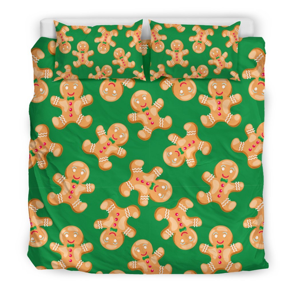 Green Gingerbread Man Chirstmas Pattern Print Duvet Cover Bedding Set-grizzshop