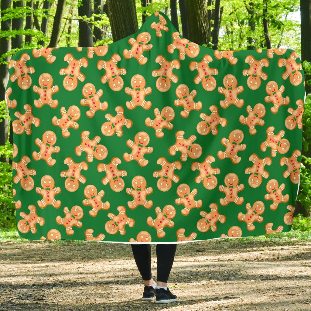 Green Gingerbread Man Chirstmas Pattern Print Hooded Blanket-grizzshop