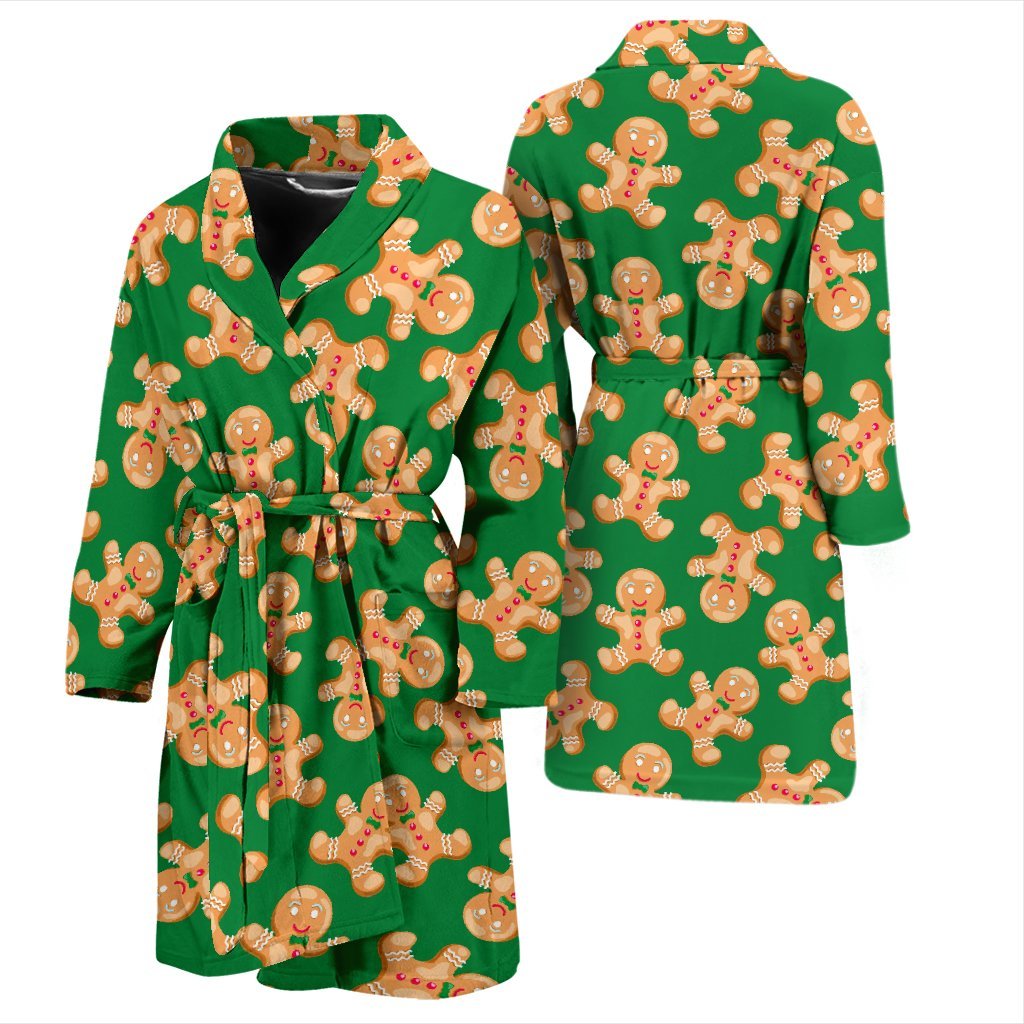 Green Gingerbread Man Chirstmas Pattern Print Men Long Robe-grizzshop