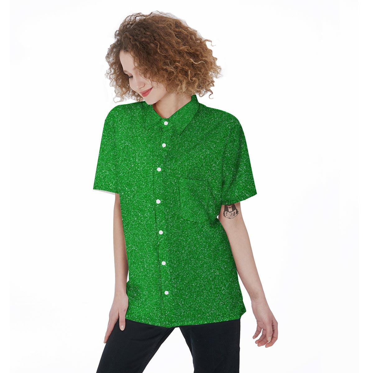 Green Glitter Texture Print Women's Short Sleeve Shirts-grizzshop