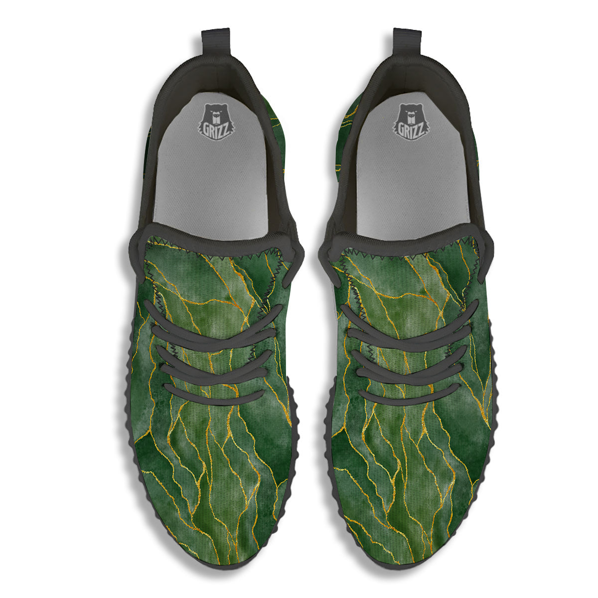 Green Golden Cracked Marble Print Black Walking Shoes-grizzshop