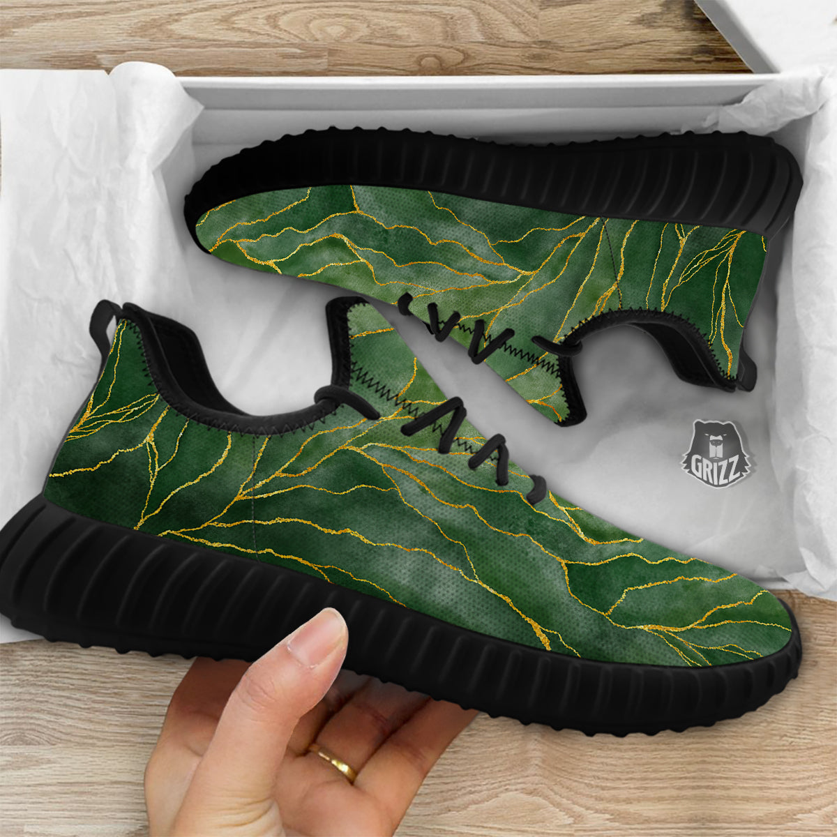 Green Golden Cracked Marble Print Black Walking Shoes-grizzshop