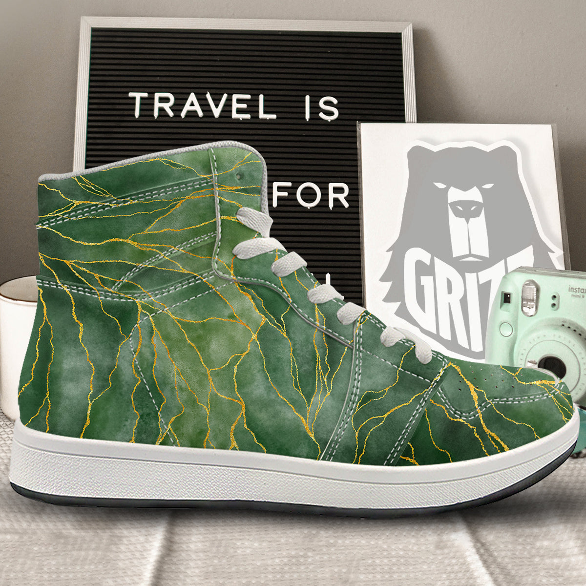 Green Golden Cracked Marble Print High Top Sneakers-grizzshop