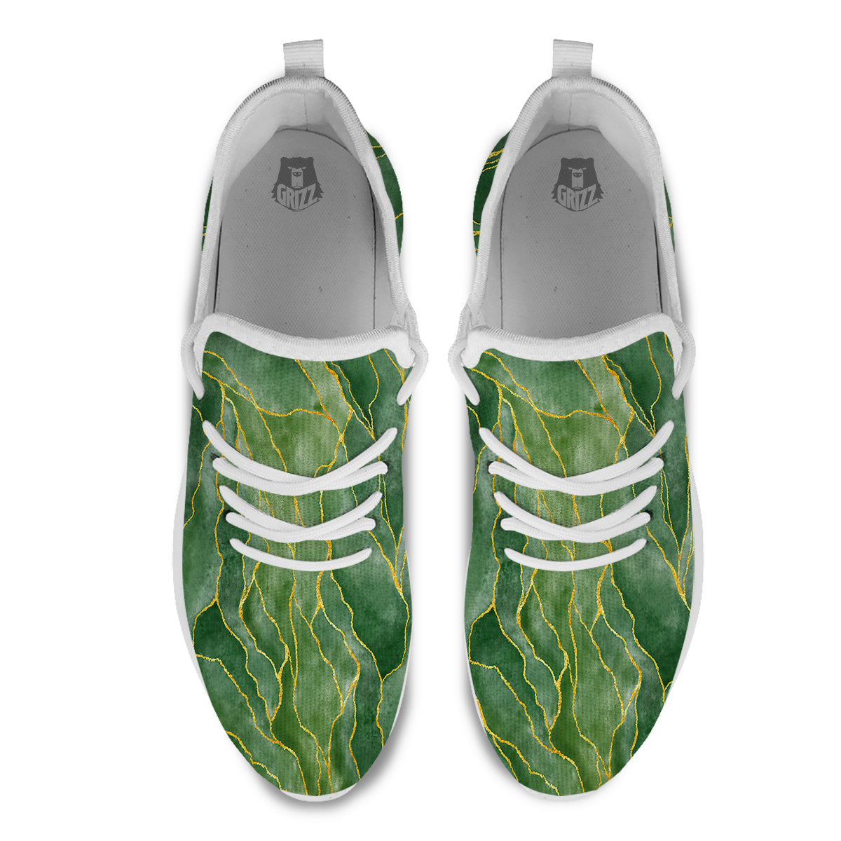 Green Golden Cracked Marble Print White Athletic Shoes-grizzshop