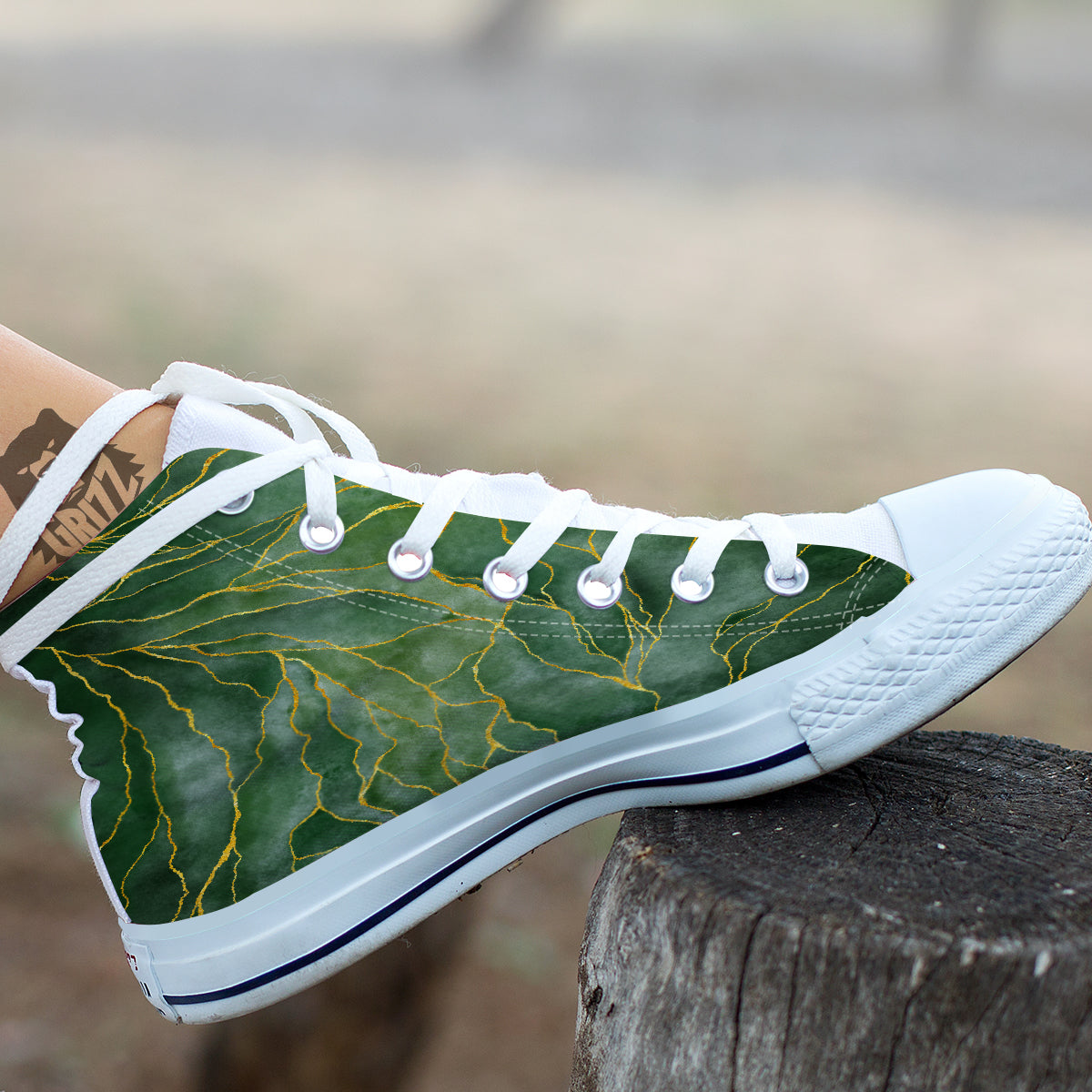 Green Golden Cracked Marble Print White High Top Shoes-grizzshop