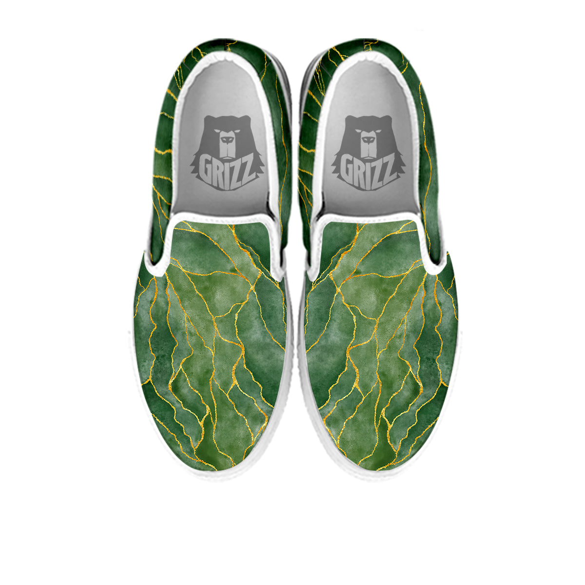 Green Golden Cracked Marble Print White Slip On Shoes-grizzshop