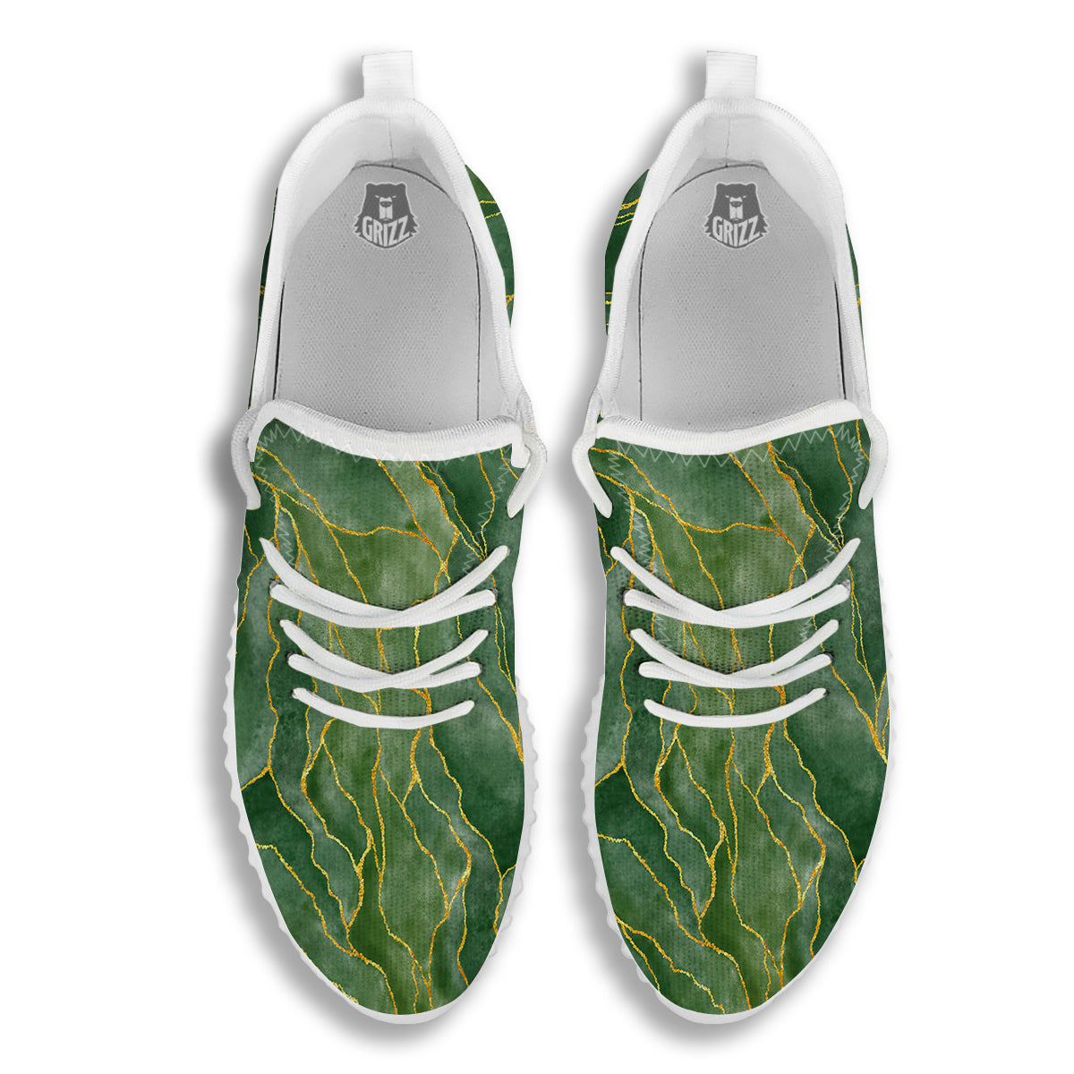 Green Golden Cracked Marble Print White Walking Shoes-grizzshop