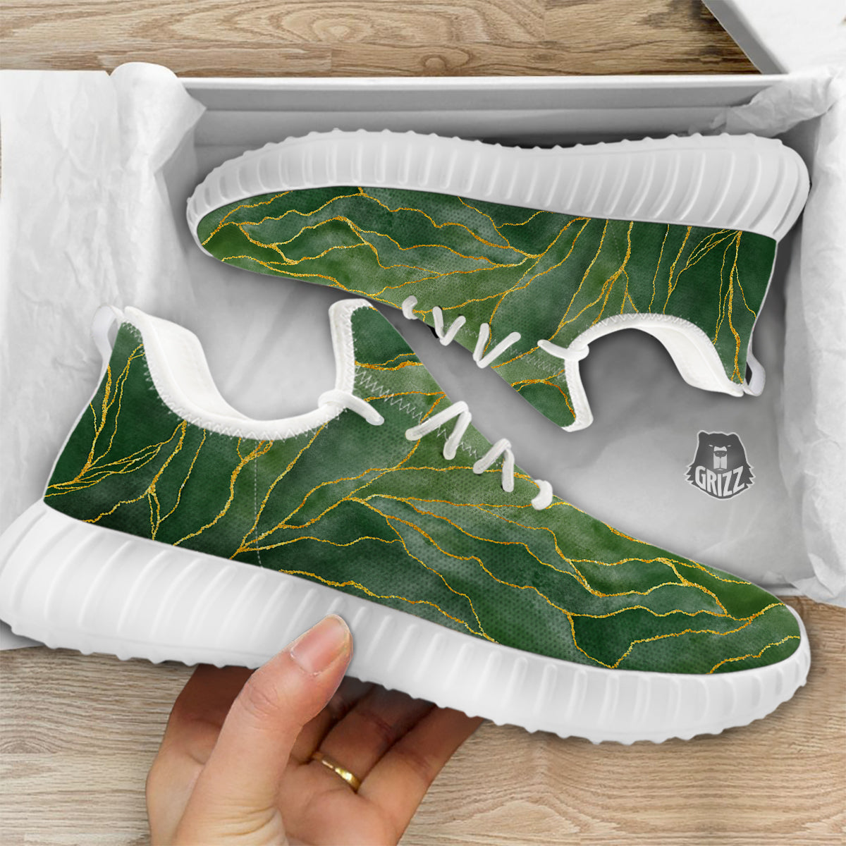 Green Golden Cracked Marble Print White Walking Shoes-grizzshop