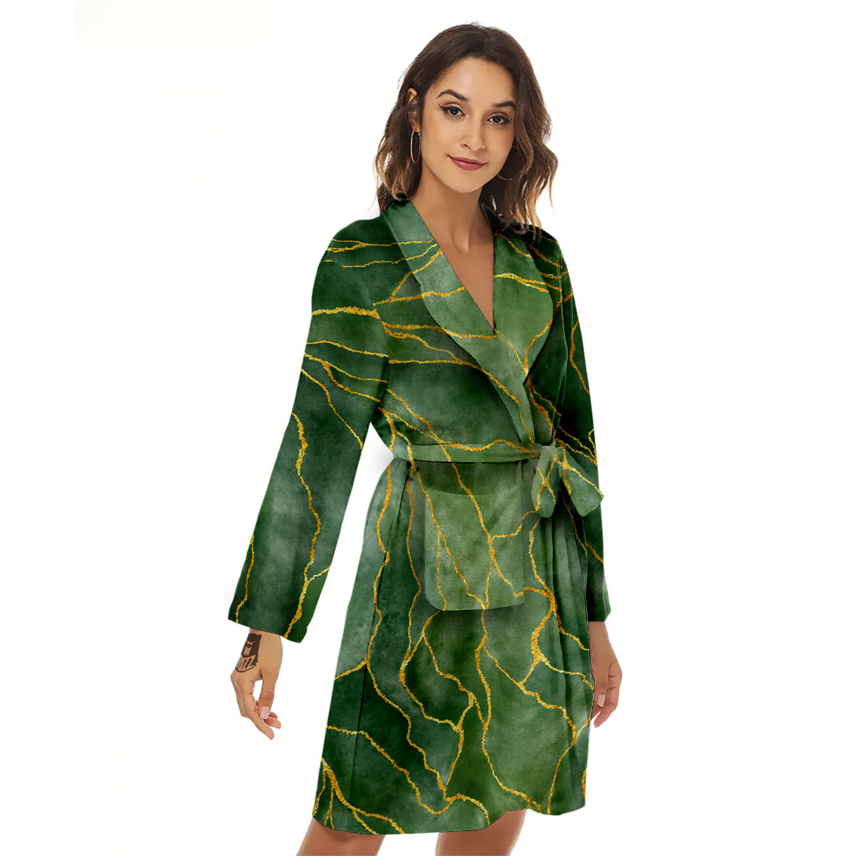 Green Golden Cracked Marble Print Women's Robe-grizzshop