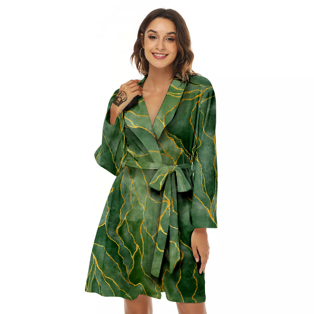 Green Golden Cracked Marble Print Women's Robe-grizzshop