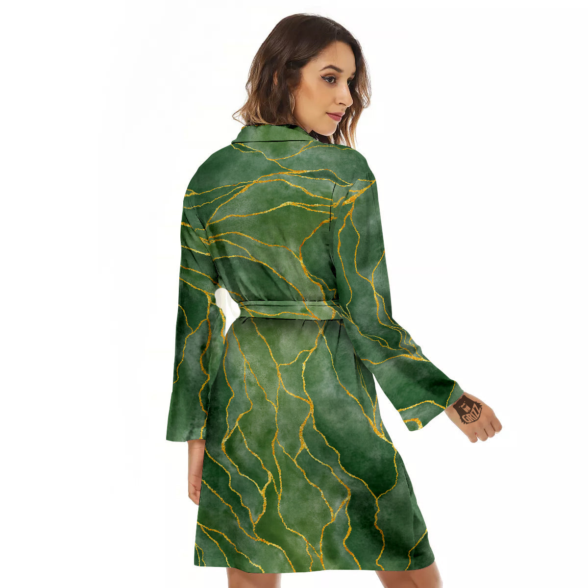 Green Golden Cracked Marble Print Women's Robe-grizzshop