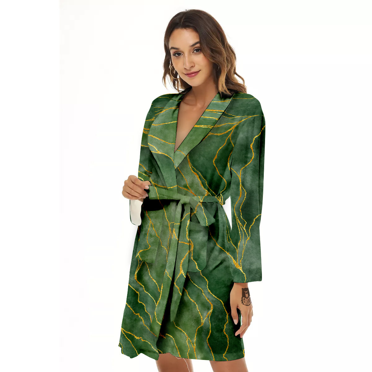 Green Golden Cracked Marble Print Women's Robe-grizzshop