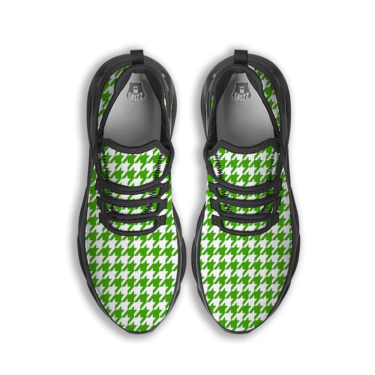 Green Houndstooth Print Black Running Shoes-grizzshop
