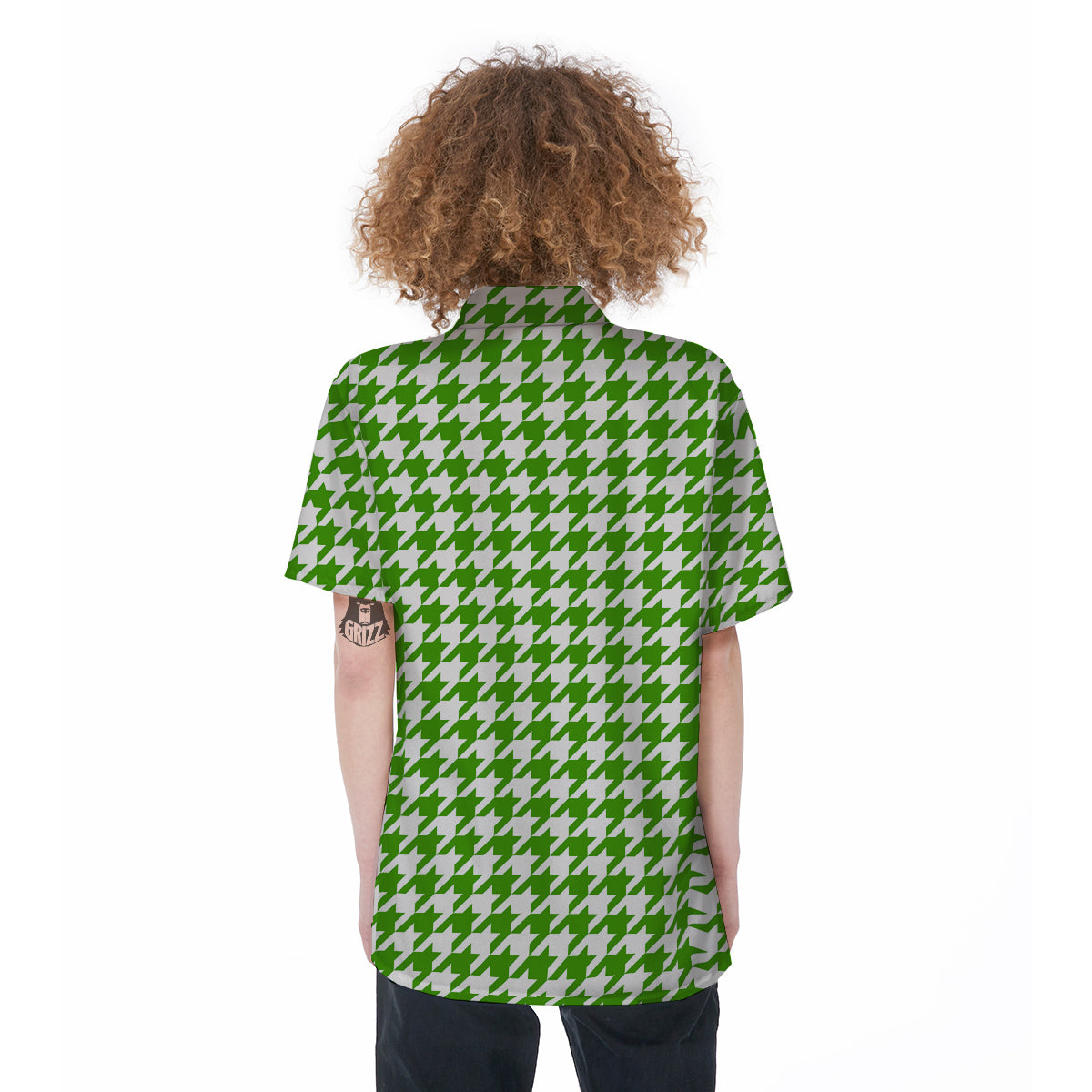 Green Houndstooth Print Women's Short Sleeve Shirts-grizzshop