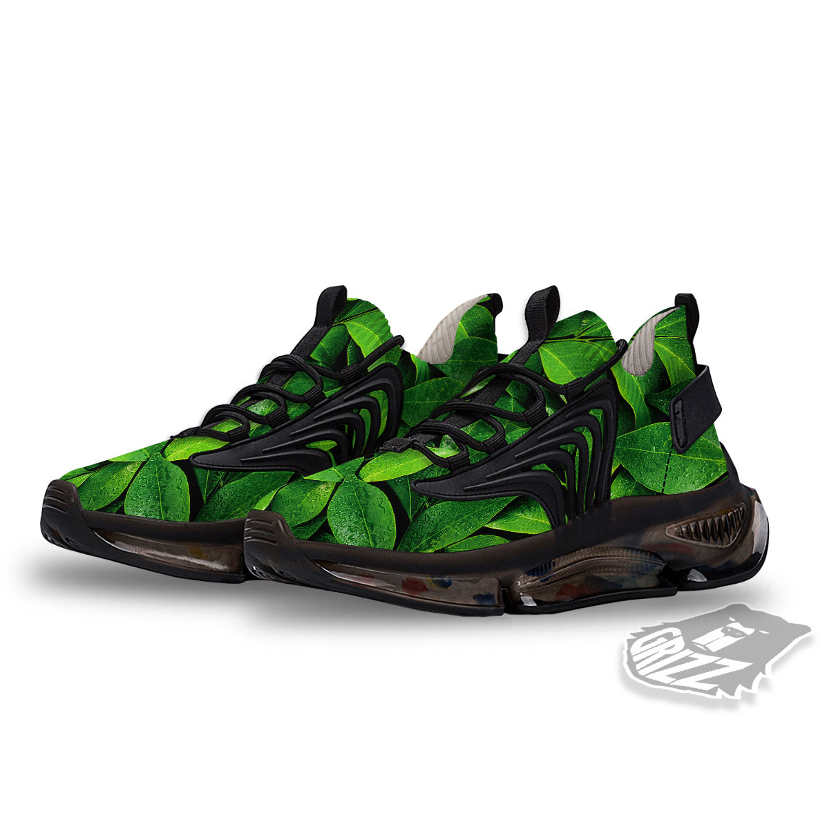 Green Leaf Print Black Gym Shoes-grizzshop