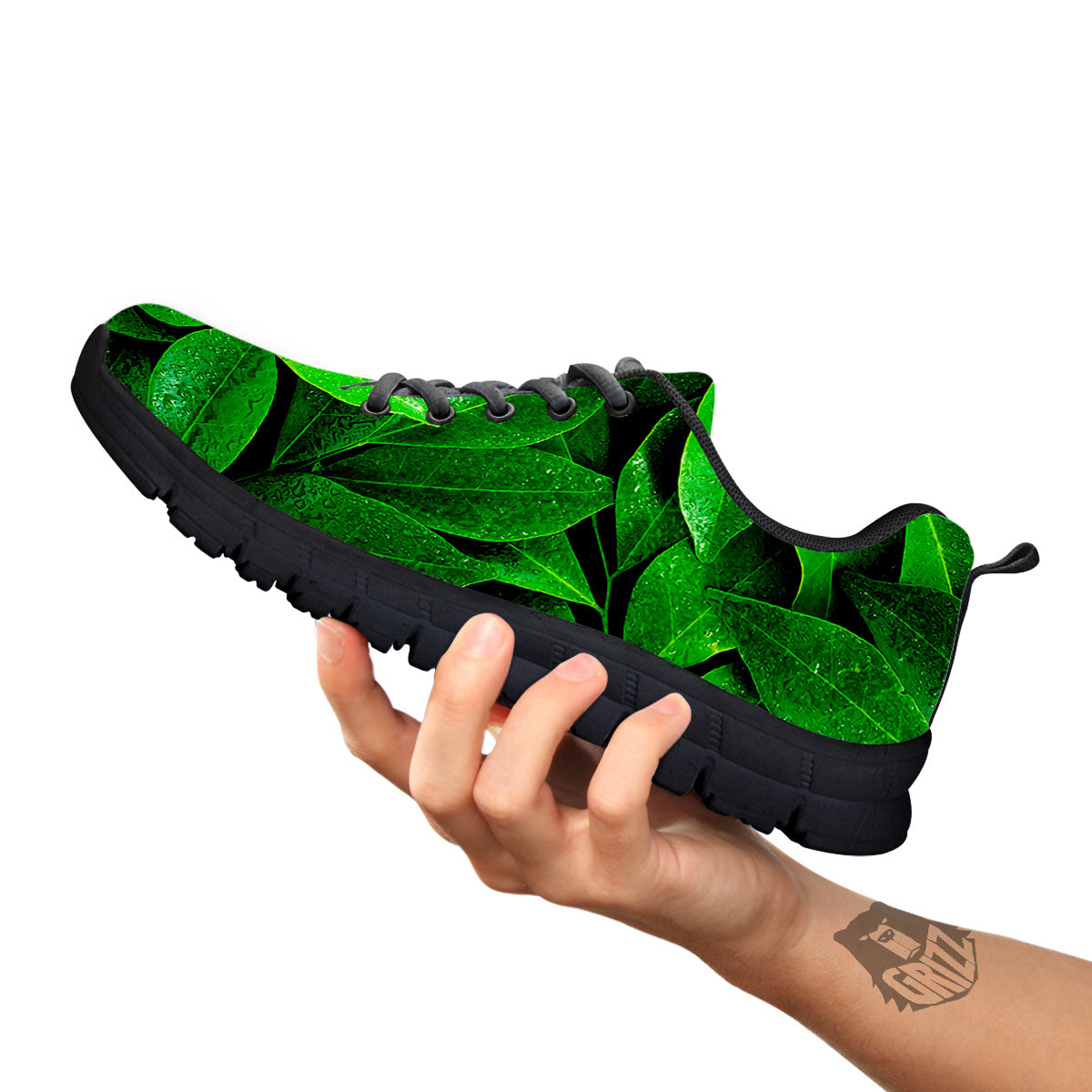 Green Leaf Print Black Sneaker-grizzshop