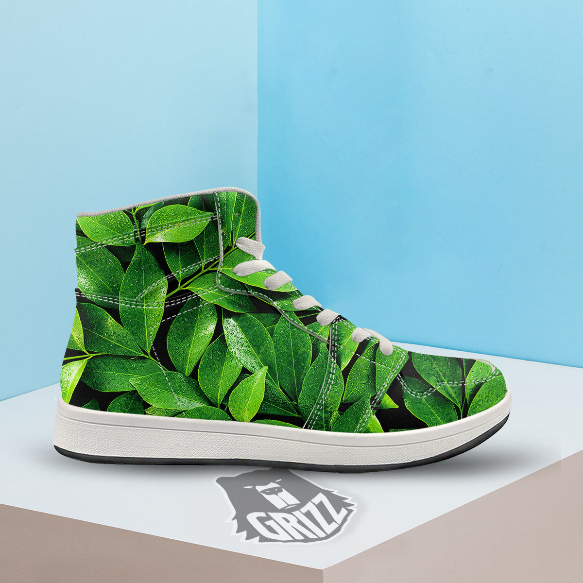 Green Leaf Print High Top Sneakers-grizzshop