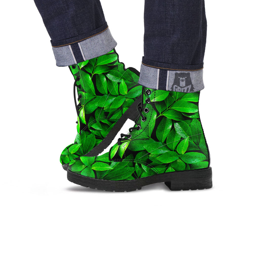 Green Leaf Print Leather Boots-grizzshop