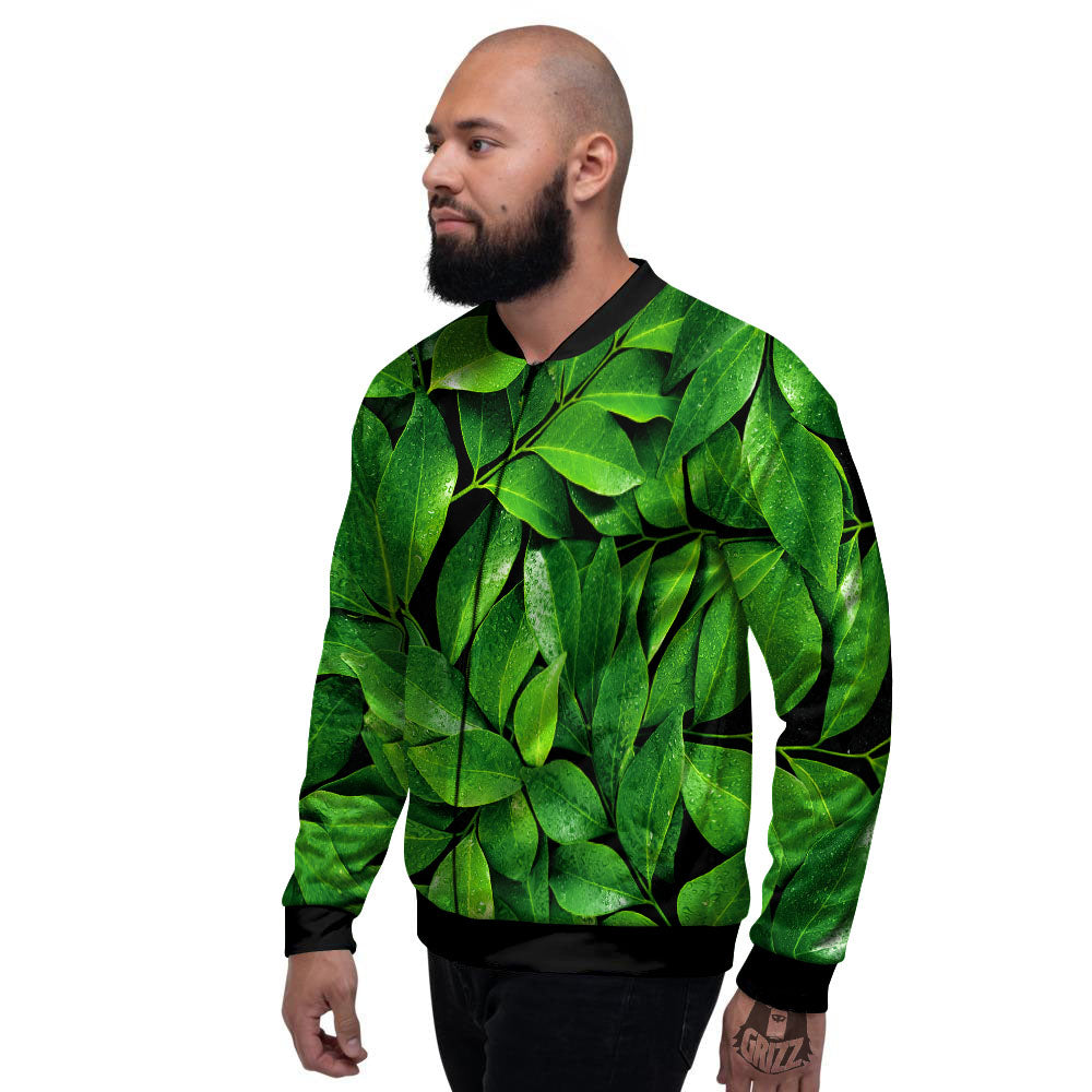 Green Leaf Print Men's Bomber Jacket-grizzshop