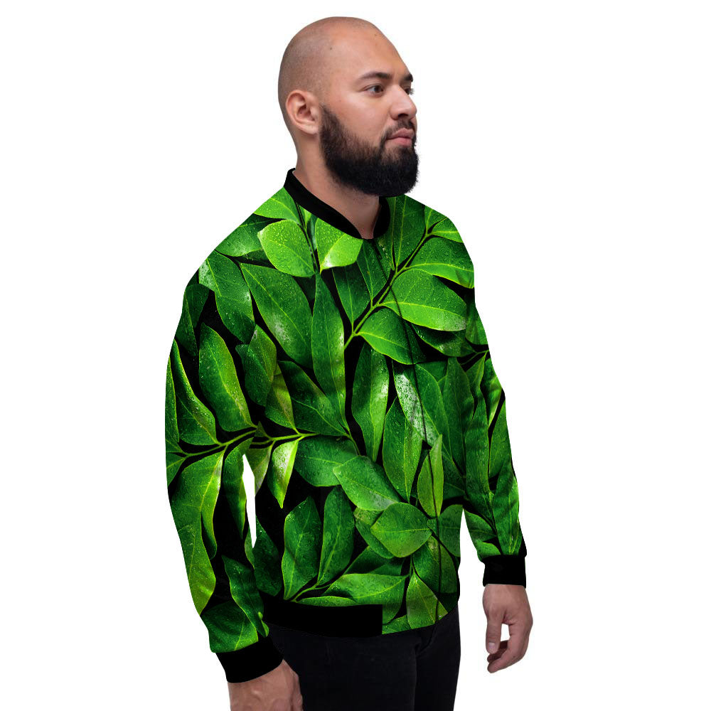 Green Leaf Print Men's Bomber Jacket-grizzshop