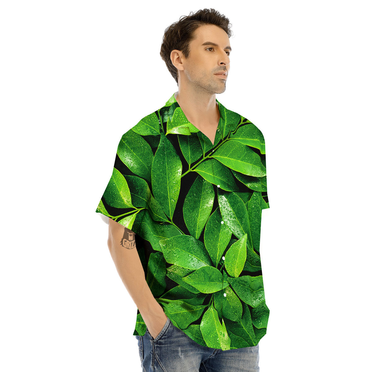 Green Leaf Print Men's Hawaiian Shirt-grizzshop