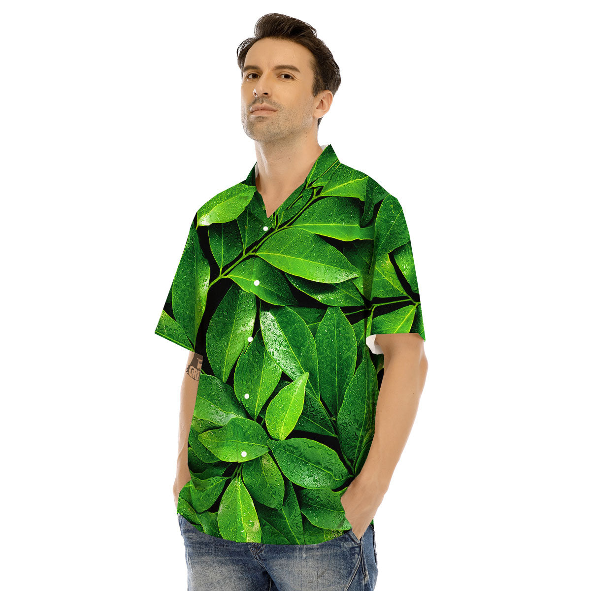 Green Leaf Print Men's Hawaiian Shirt-grizzshop