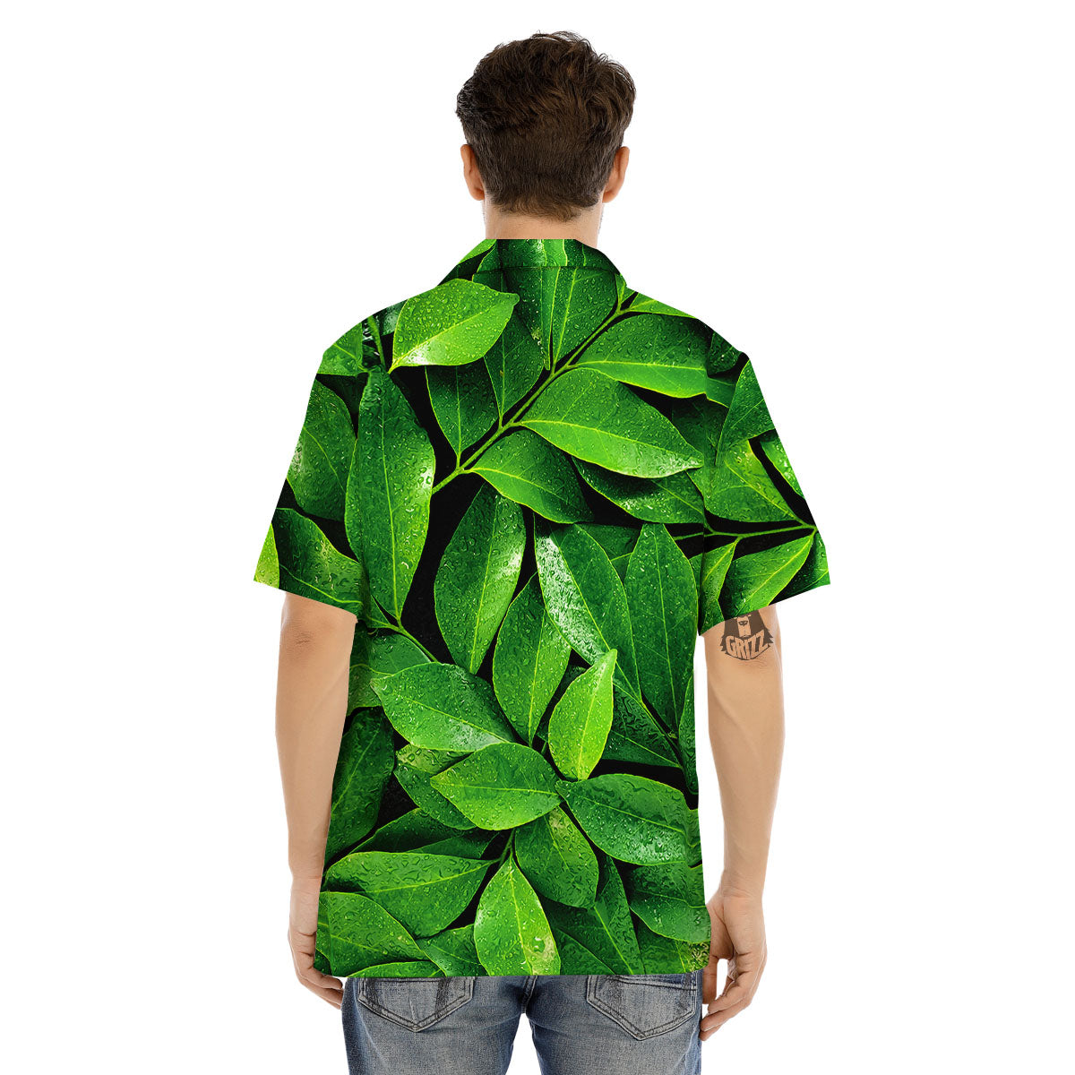 Green Leaf Print Men's Hawaiian Shirt-grizzshop