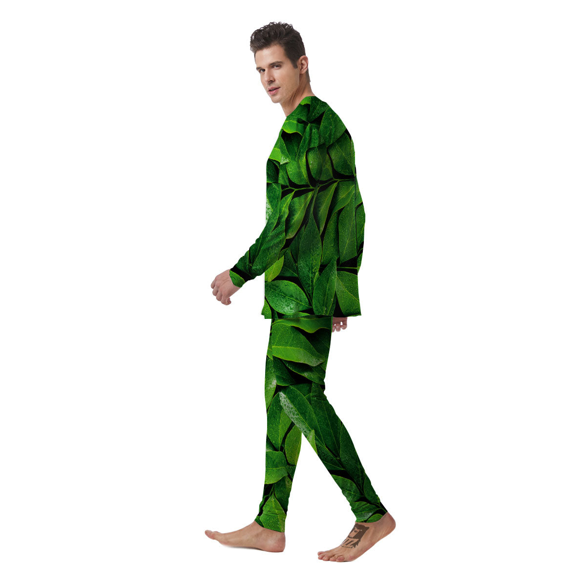 Green Leaf Print Men's Pajamas-grizzshop