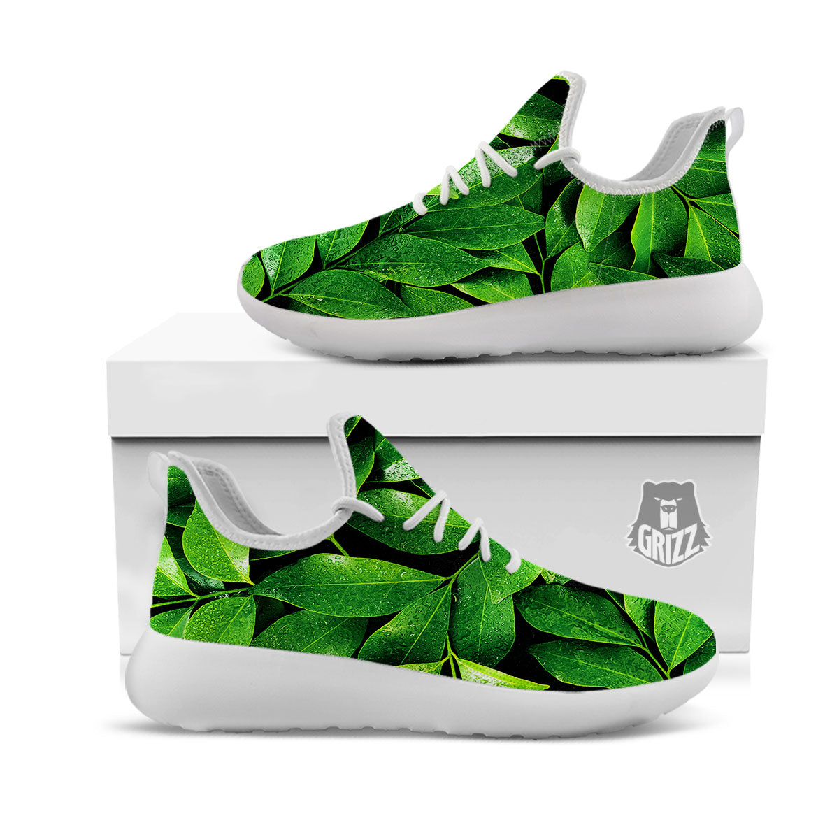 Green Leaf Print White Athletic Shoes-grizzshop