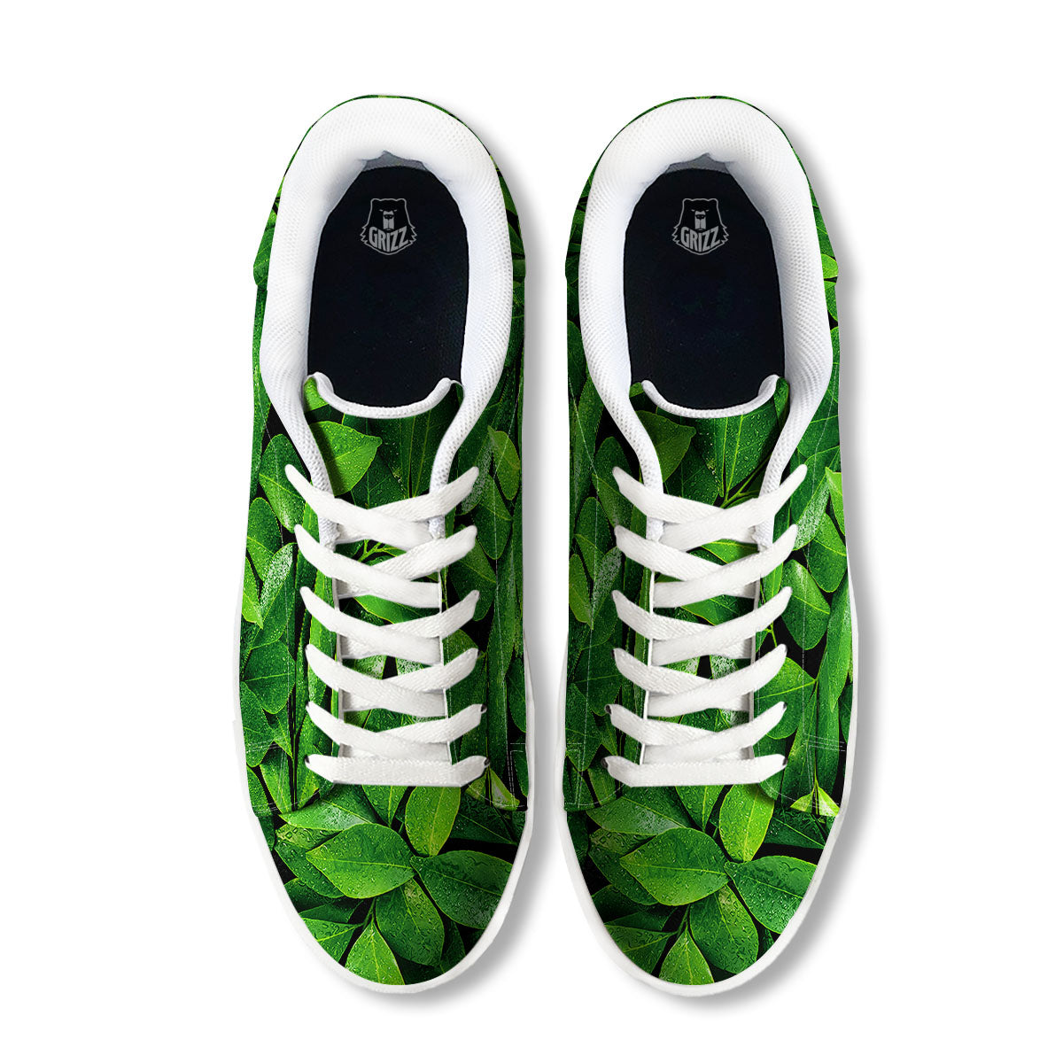 Green Leaf Print White Low Top Sneakers-grizzshop