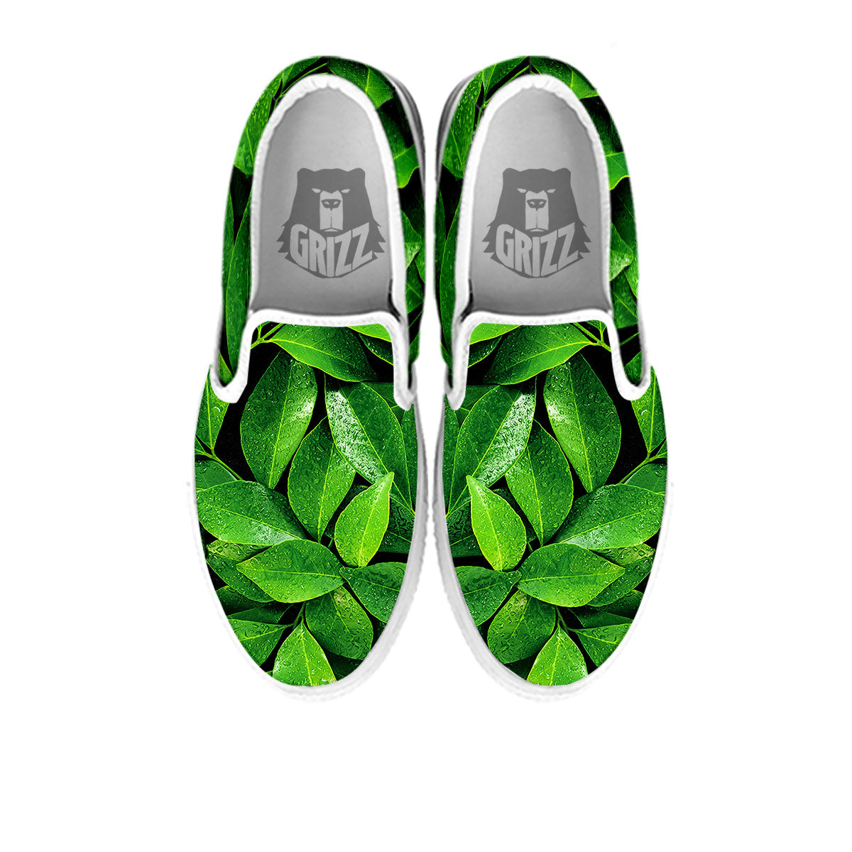 Green Leaf Print White Slip On Shoes-grizzshop